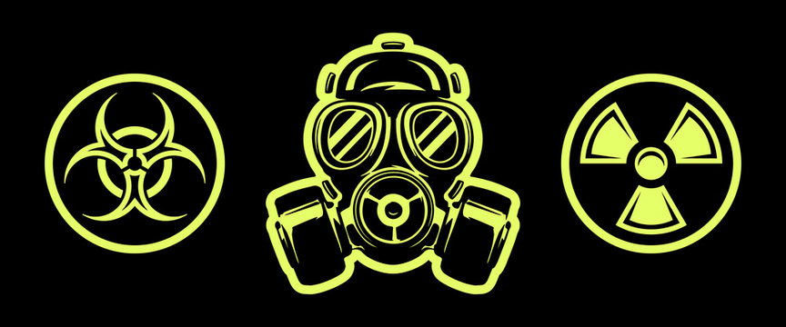 Gas mask and hazard sings. Respirator. Radiation sign. Biohazard sign
