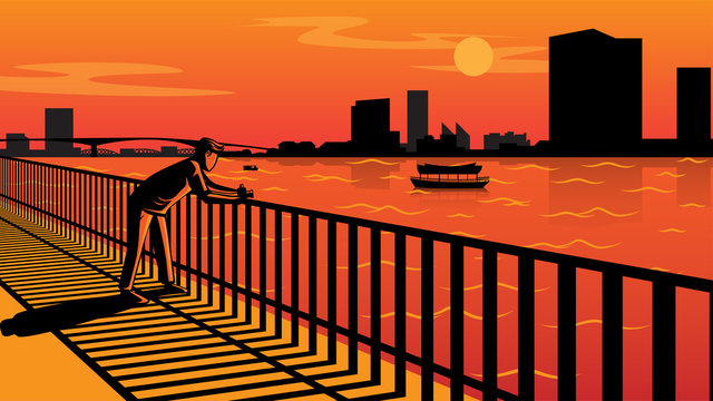 Twilight Sunset At Riverside And Photographer, Vector Illustration Art.