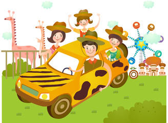 family going at amusement park