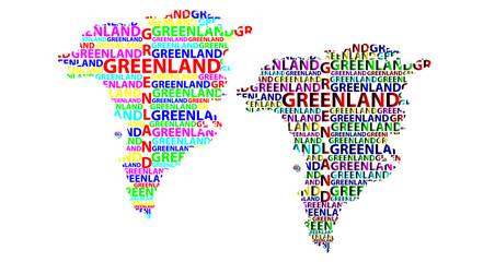 Sketch Greenland letter text map, Greenland - in the shape of the continent, Map Greenland (island of Kingdom of Denmark) - color vector illustration