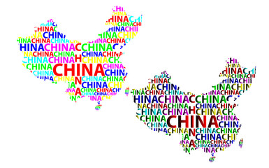 Sketch China letter text map, People's Republic of China (PRC) - in the shape of the continent, Map China - color vector illustration