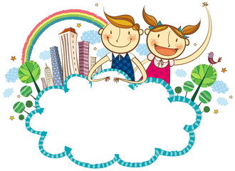 Happy children portrait against clear cloud