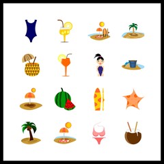 16 tropical icon. Vector illustration tropical set. surf and pink bikini icons for tropical works