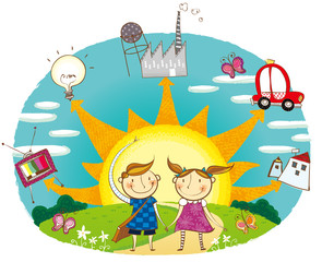 Portrait of boy and girl showing the use of Solar energy