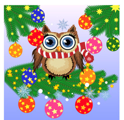 Naklejka premium Greeting Christmas card Owl on a branch with balloon