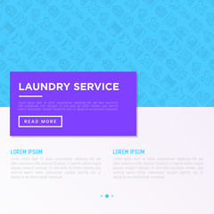 Obraz premium Laundry service concept with thin line icons: washing machine, spin cycle, drying machine, fabric softener, iron, handwash, steaming, ozonation, repair. Vector illustration, print media template.