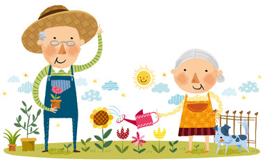 Elderly couple doing gardening