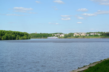The Volga River overlooking the city of Uglich in summer day. Yaroslavl region