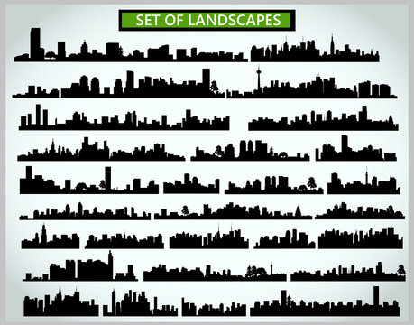 Set of cityscape silhouettes on a light gray background.