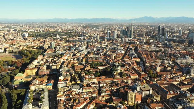 Aerial panoramic view of cityscape of Milan, Porta Nuova business district on background, landscape panorama of Italy from above, Europe