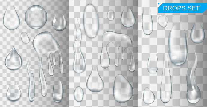 Realistic shining water drops and drips on transparent background vector illustration