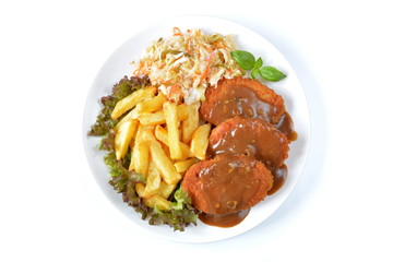 kotlet mielony z ziemniakami surówką i pomidorem