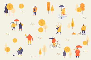 Autumn park with people. People in warm clothes relaxing outdoors in urban park - Riding bicycle, sitting on bench, having fun. Flat Vector illustration.