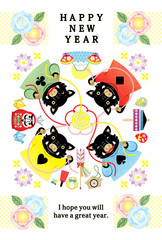 ２０１９年亥年完成年賀状テンプレート「華やかいのししカルテット」HAPPY NEW YEAR