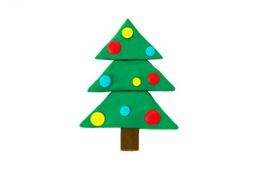 Plasticine christmas tree on white background. Isolated pattern on white. Spruce