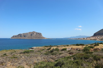 Scenic view to Monemvasia island and Mediterranean sea, Peloponnese, Greece