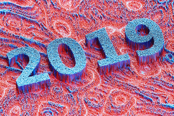 Happy new year celebration. Red and blue voxel numeral 2019 abstract background. 3d rendering