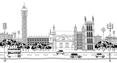 Vehicles moving on road, clock tower in background