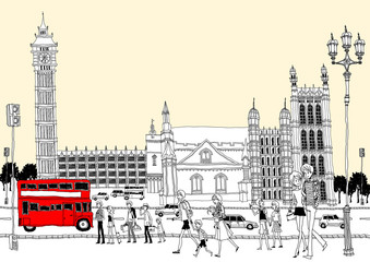 Tourists by roadside, double Decker bus in background