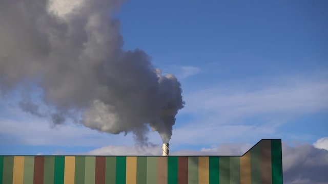 Steam From Smoke Stack Across Sky. Air Pollution, Global Warming