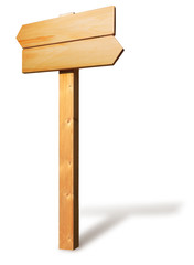 Wooden post for road signs. Double direction. Isolated on white background.