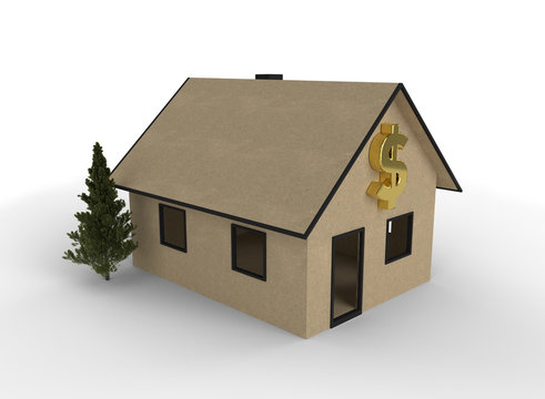 3D render of cardboard house with dollar symbol.