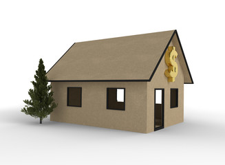 3D render of cardboard house with dollar symbol.