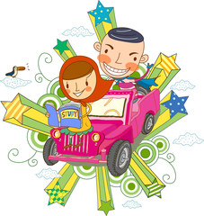 Girl sitting on hood and studying while boy sitting in car