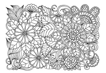 Outline vector drawing of flowers for adult coloring books. Page of floral pattern in black and white