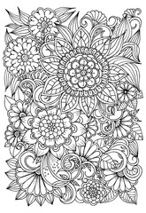 Outline vector drawing of flowers for adult coloring books. Page of floral pattern in black and white