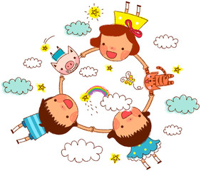 Friends with pets holding hands, enjoying