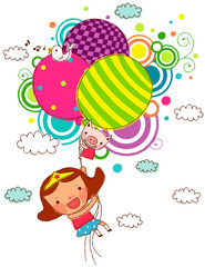 Girl holding helium balloons, flying