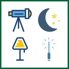 4 dark icon. Vector illustration dark set. lamp and telescope icons for dark works