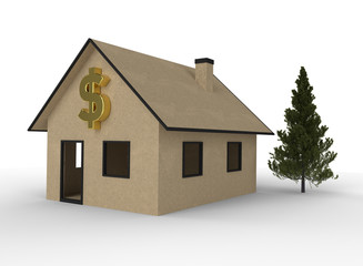 3D render of cardboard house with dollar symbol.