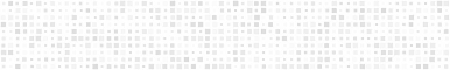 Abstract horizontal banner or background of small squares or pixels of different sizes in white colors.