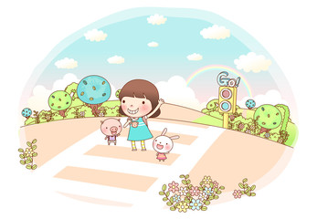 Girl with rabbit and pig standing on road, waving