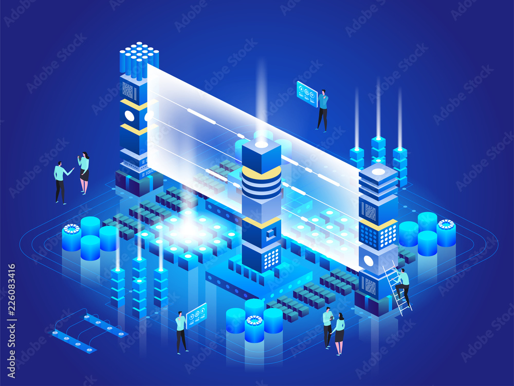 Poster isometric technology concept. database network management. big data processing