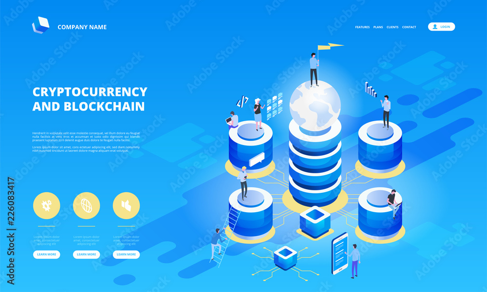 Poster cryptocurrency and blockchain isometric composition with people