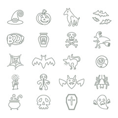 Halloween. Set of vector line icons on a theme of a Happy Halloween. Twenty holiday symbols. Flat graphic design.