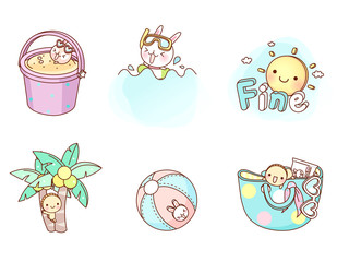 Variation of colorful objects displayed in a row against white background