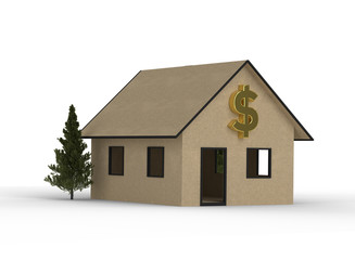 3D render of cardboard house with dollar symbol.