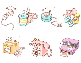 Variation of colorful objects displayed in a row against white background