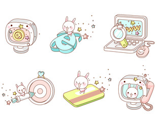 Variation of colorful objects displayed in a row against white background