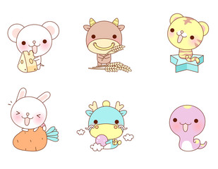 Variation of colorful animals displayed in a row against white background