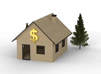 3D render of cardboard house with dollar symbol.