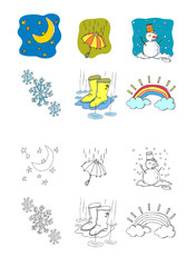 Variation of colorful objects displayed in a row against white background