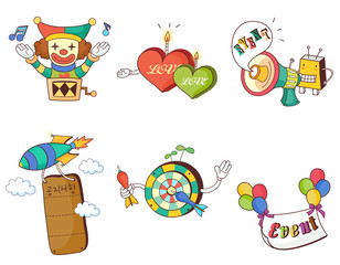 Variation of colorful objects displayed in a row against white background