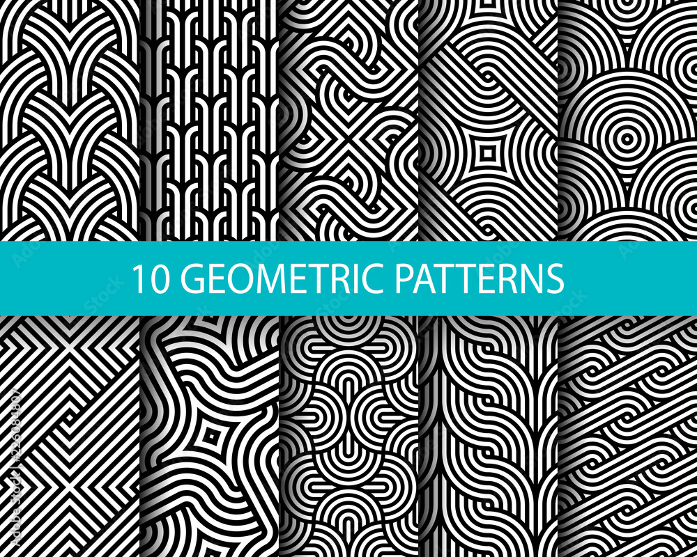 Aufkleber Vector set of ten geometric linear patterns. Collection of seamless monochrome swatches for your design.