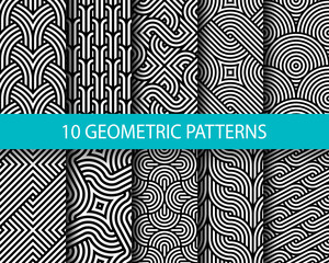 Vector set of ten geometric linear patterns. Collection of seamless monochrome swatches for your design. - 226084807