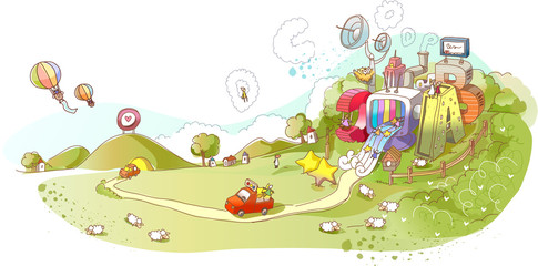 Colorful abstract illustration of a park with car on road